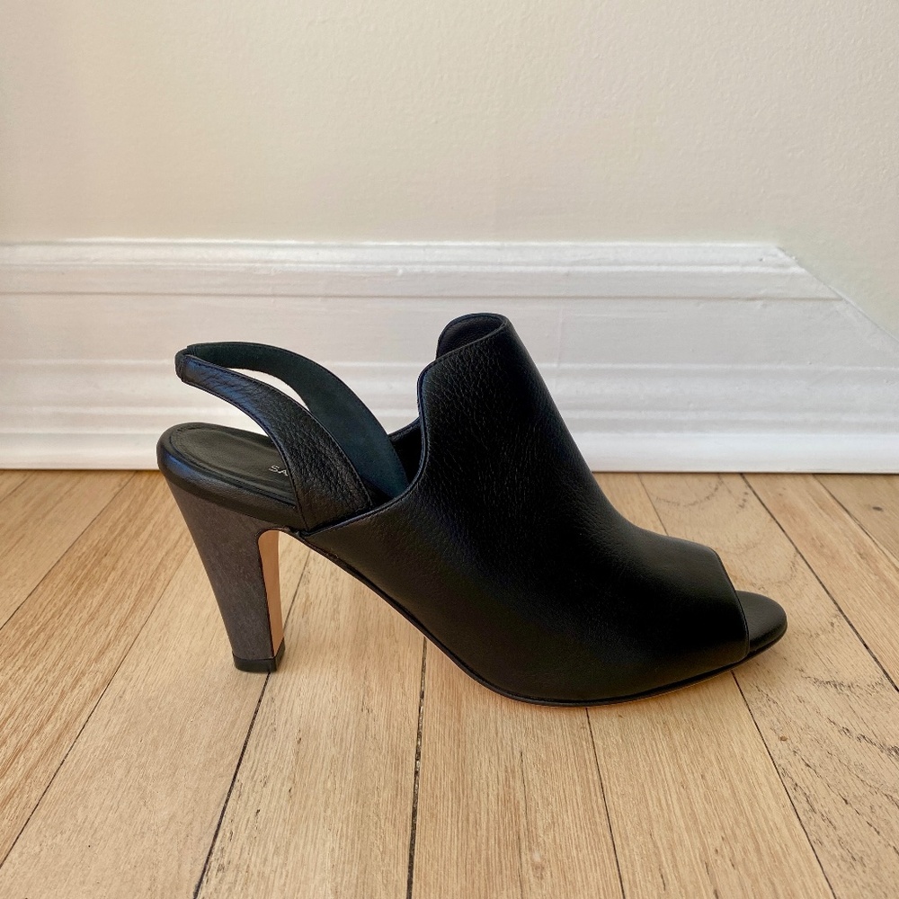 Sarah Flint Black Leather Slingback Peep-Toe Heels (Size 38.5 | US 8)